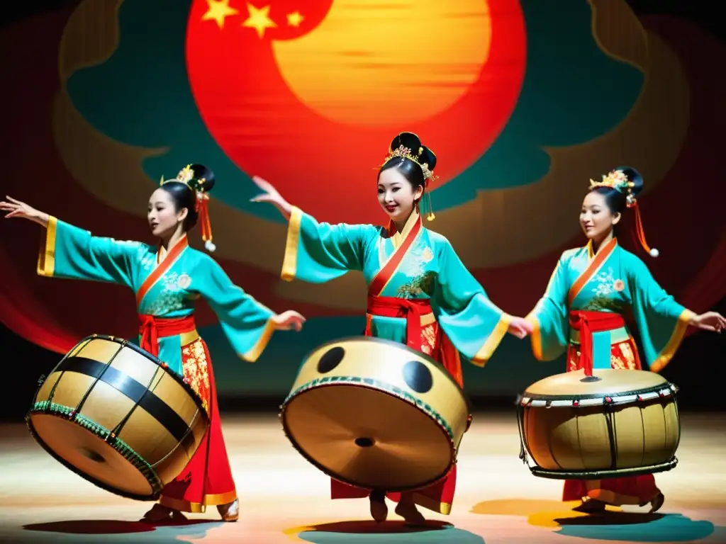 Danza del Tambor de Agua China: Grupo de bailarines con trajes vibrantes y tambores grandes, en una actuación visualmente cautivadora