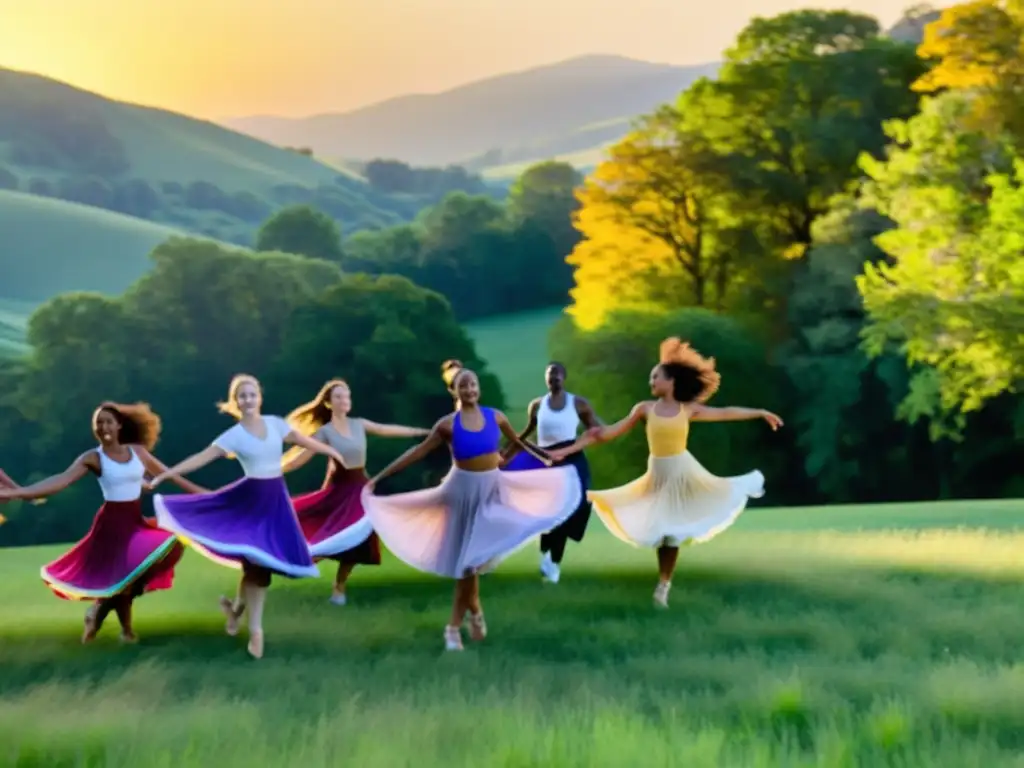 Danza al aire libre con paisaje de colinas verdes y entrenamiento de danza en clima soleado