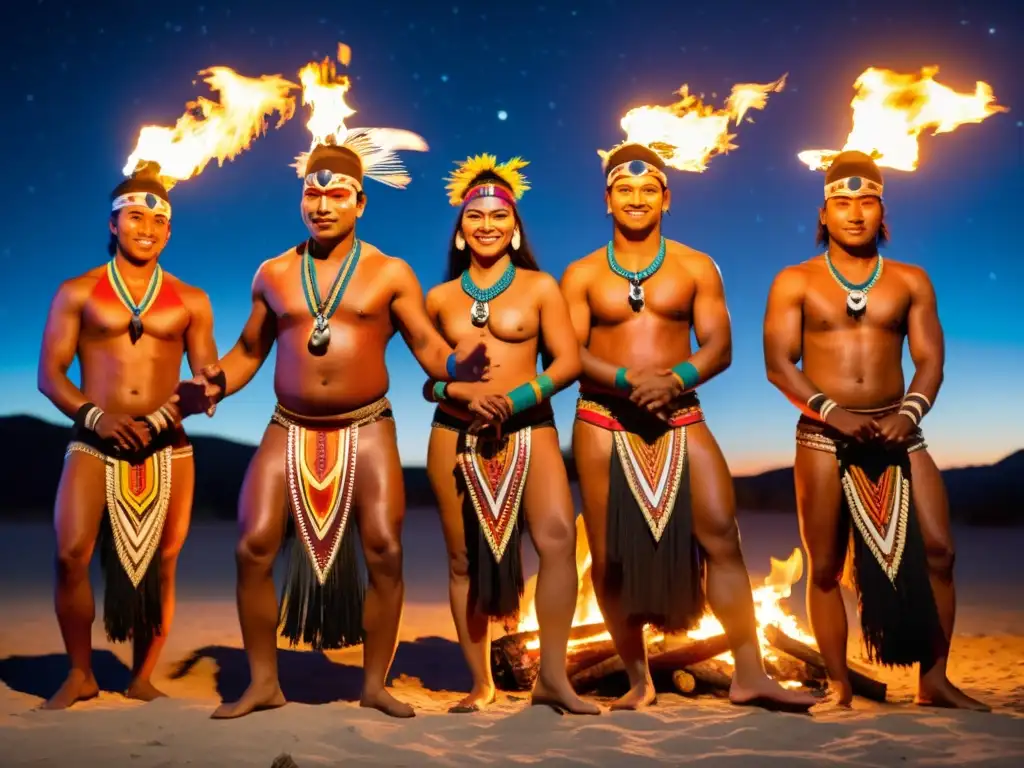 Danza ancestral alrededor de fogata bajo el cielo estrellado