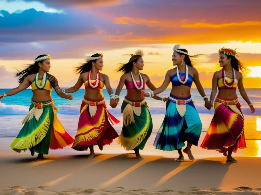 Danza Aparima Polinesia: Coloridos bailarines en la playa al atardecer, expresando significados culturales con movimientos gráciles y expresivos