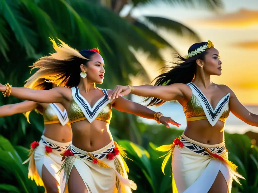 Danza Aparima Polinesia: Grupo de bailarines en trajes vibrantes, movimientos precisos y pasión, bajo el cálido sol entre follaje exuberante