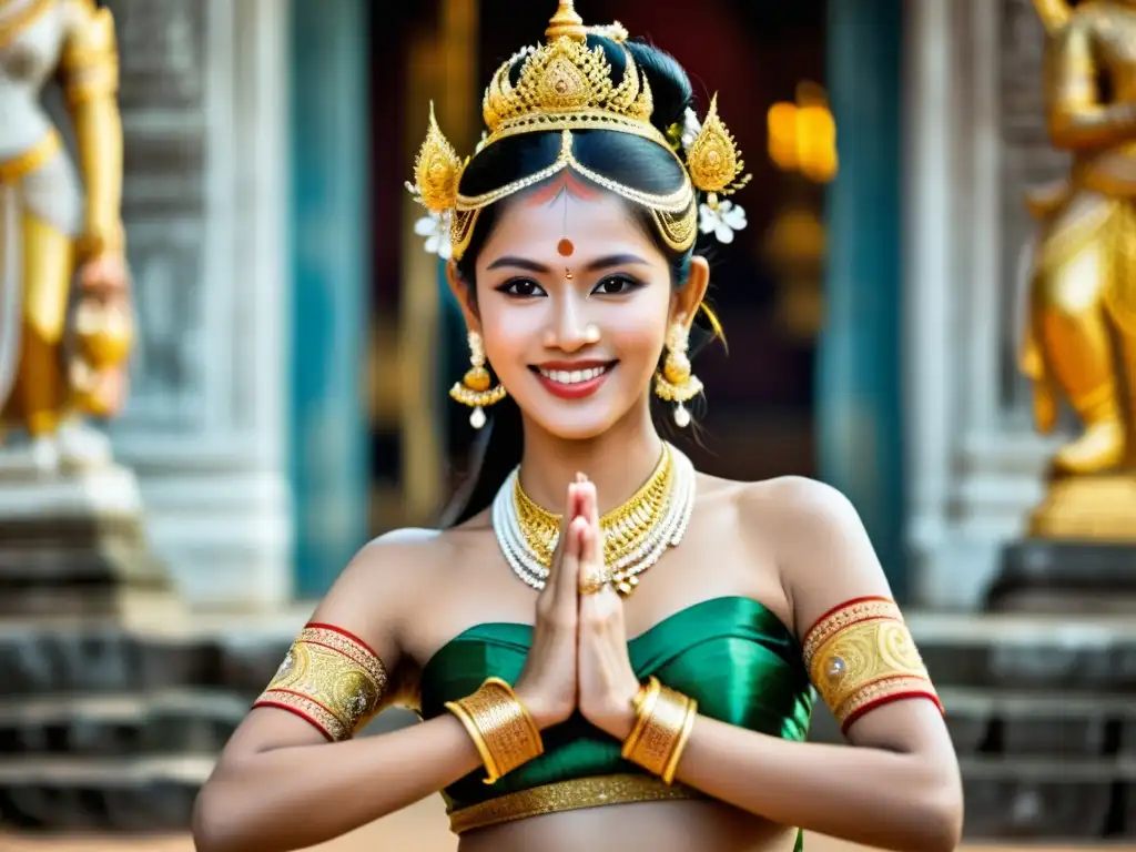 Danza Apsara en Camboya: una bailarina realza la mitología con su gracia en un templo ornamentado al atardecer