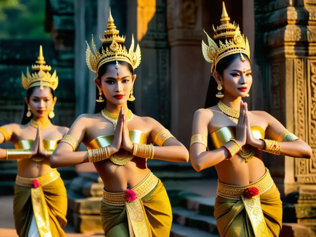 Danza Apsara camboyana en templo antiguo, expresando gracia y significado cultural