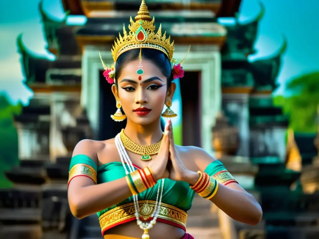 Una danza Apsara en Camboya, con movimientos elegantes y un traje colorido, capturando la esencia de la mitología y la realeza camboyana