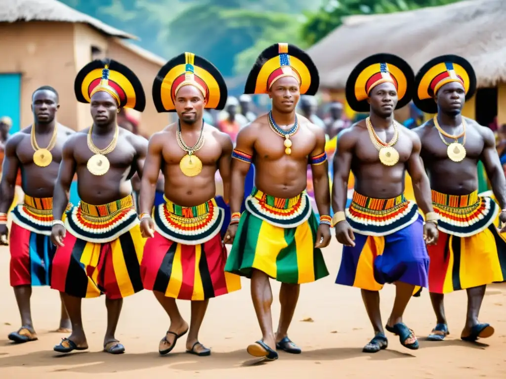 Danza Ashanti en Ghana: colorida ceremonia de danza tradicional, vibrante kente y joyas de oro, en un escenario culturalmente rico