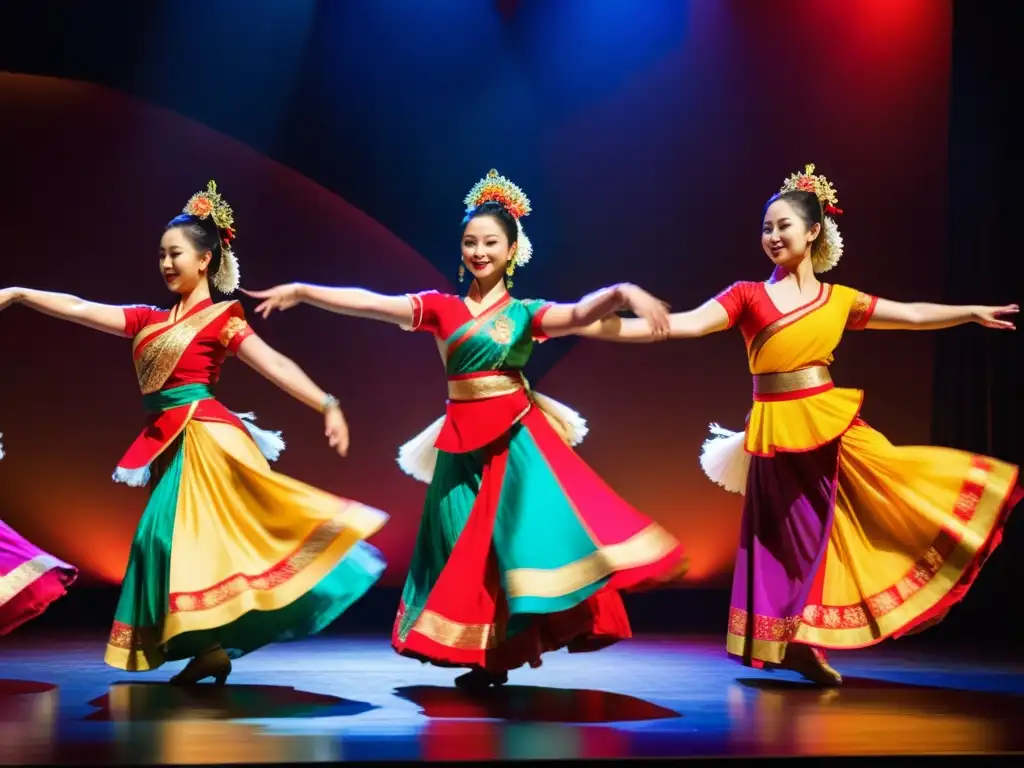 Danza asiática en Occidente: grupo vestido con trajes tradicionales, bailando con gracia y fuerza en un escenario iluminado