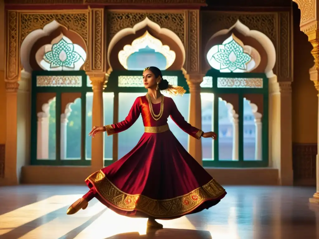 Danza Sufi Kathak: una bailarina en traje tradicional, en un entorno culturalmente significativo con juego de luces y sombras