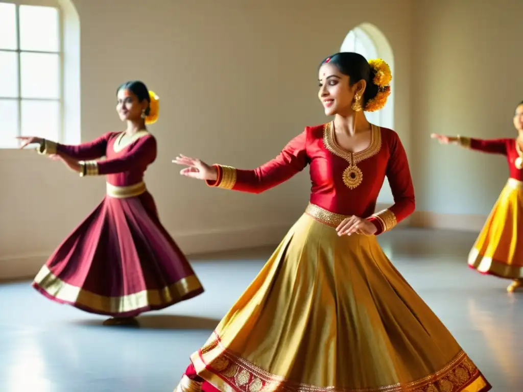 Danza clásica Kathak India: Bailarines practicando con gracia y alegría en un estudio soleado, lleno de arte tradicional indio