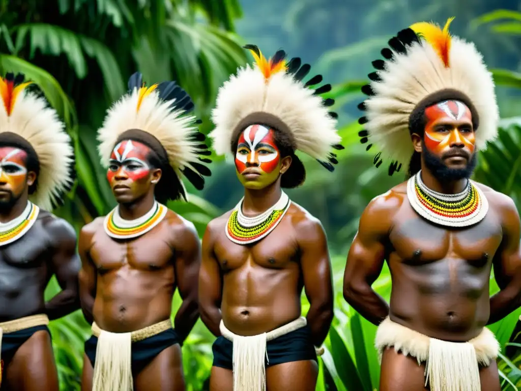 Ritual de danza Tari: energía y tradición en Papúa Danza Tari Papúa Nueva Guinea: Grupo de bailarines papúes en trajes tradicionales, pintados y enérgicos, celebrando la antigua ceremonia de iniciación