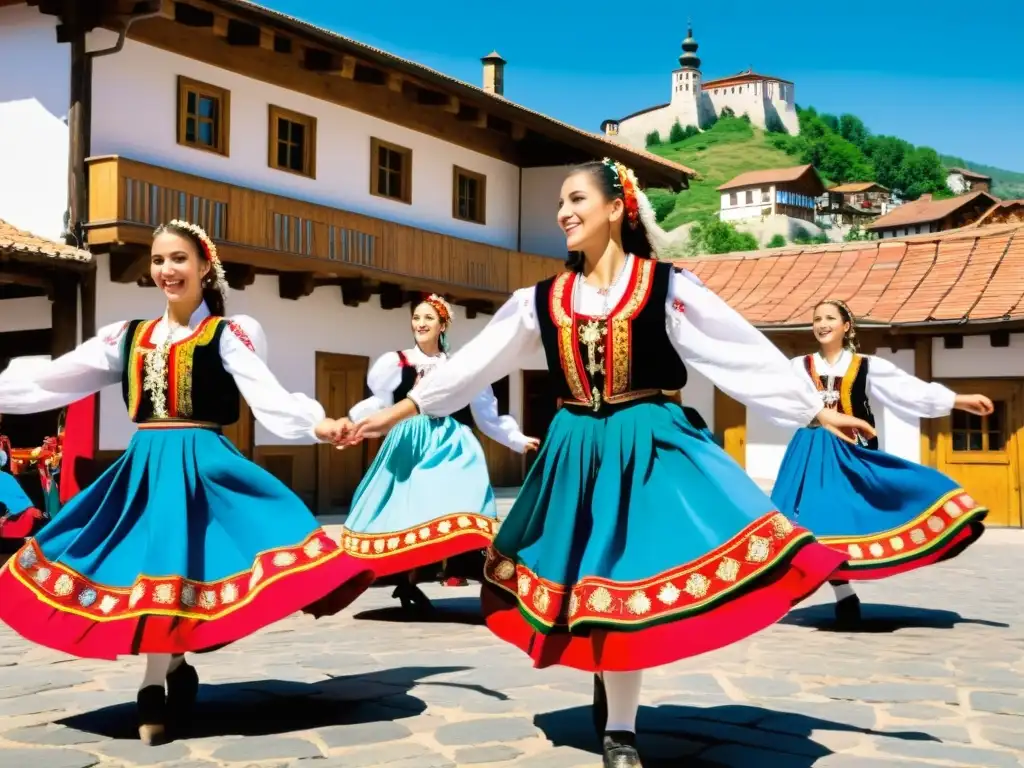 Danza Rachenitsa en Bulgaria: Grupo de bailarines en trajes tradicionales ejecutando la danza con energía y alegría en una plaza de pueblo pintoresca