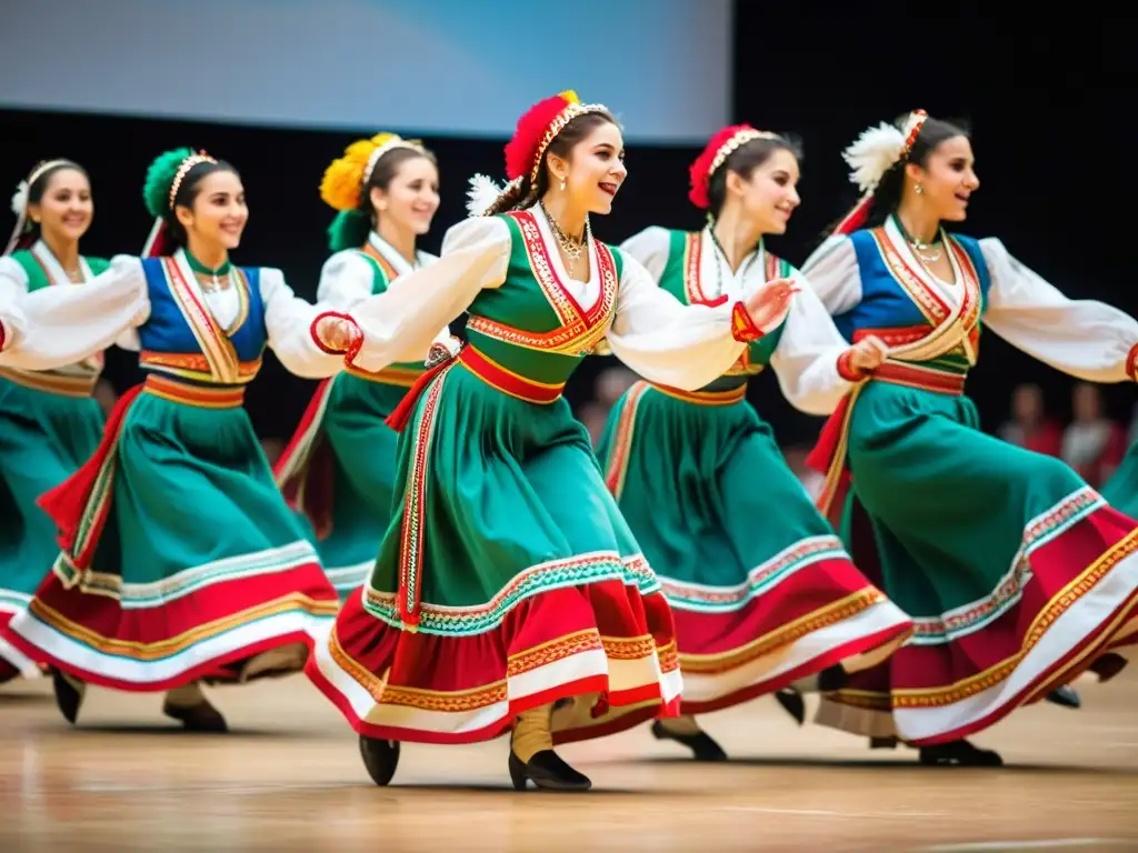 Danza Rachenitsa en Bulgaria: Grupo de bailarines con trajes tradicionales realizando la enérgica danza con gracia y pasión