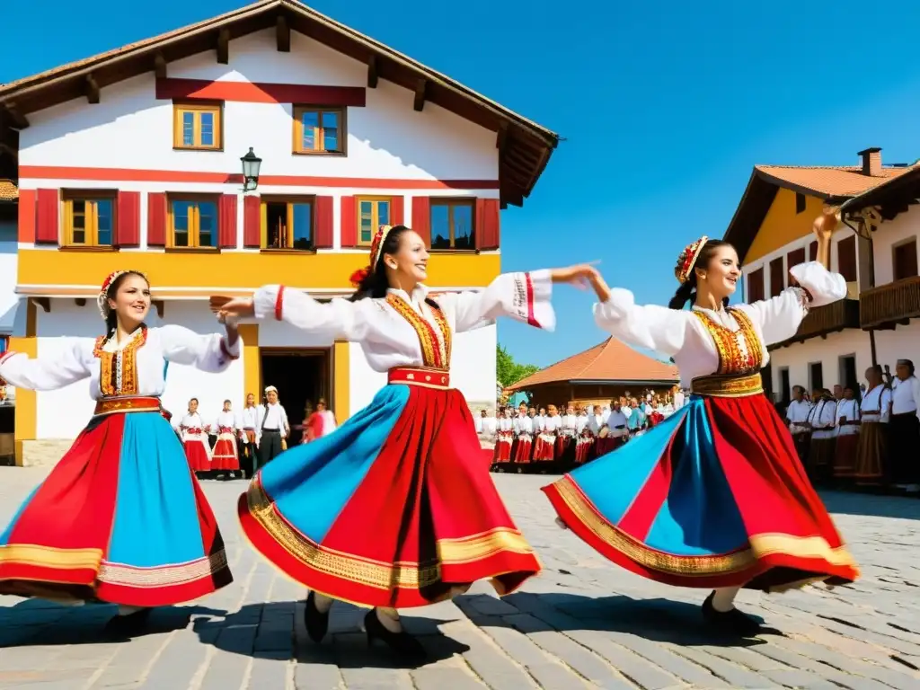 Danza Rachenitsa en Bulgaria: Grupo de bailarines en trajes tradicionales realizando la enérgica danza en una plaza vibrante