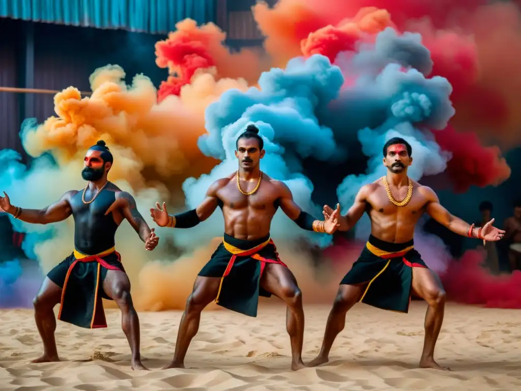 Danza Kalaripayattu India: grupo de bailarines con vestimenta tradicional, envueltos en humo de colores, evocando misterio y poder