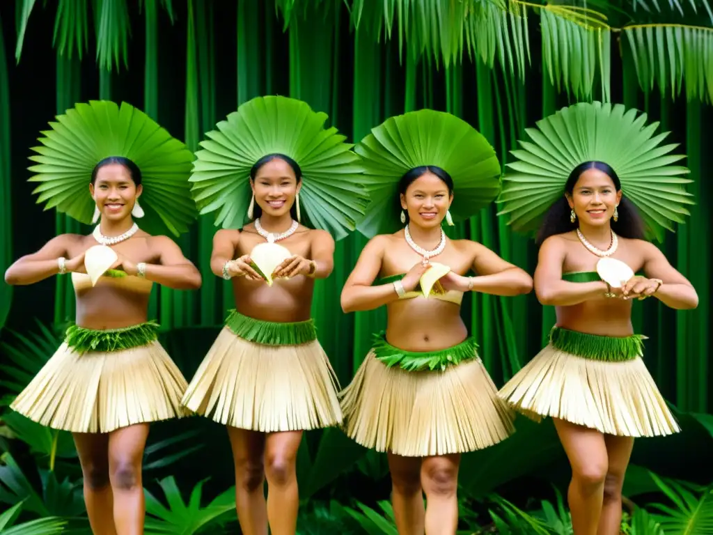 Danza Palau naturaleza: Bailarines con vestimentas tradicionales coloridas de hojas y conchas, danzando en la exuberante selva tropical