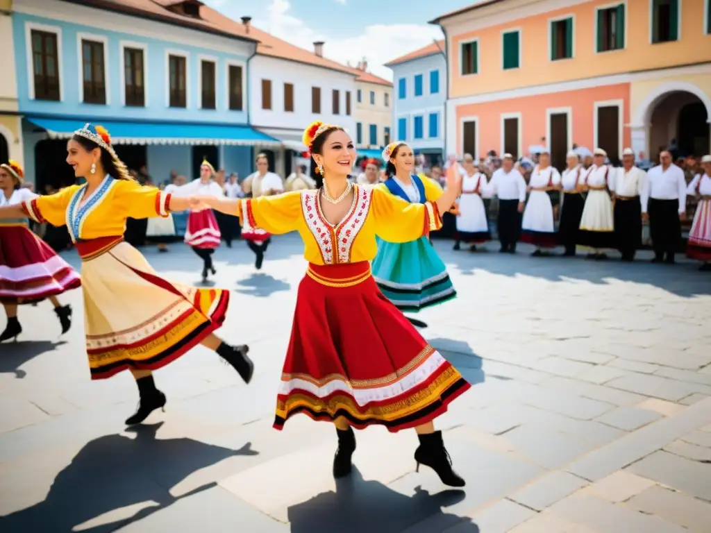 Danza Balcánica: legado cultural preservado con bailarines vibrantes, atuendos coloridos y espectadores emocionados en la plaza del pueblo