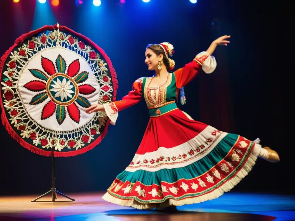 Danza Balcánica: traje tradicional ricamente bordado, bailarina en movimiento, legado cultural preservado