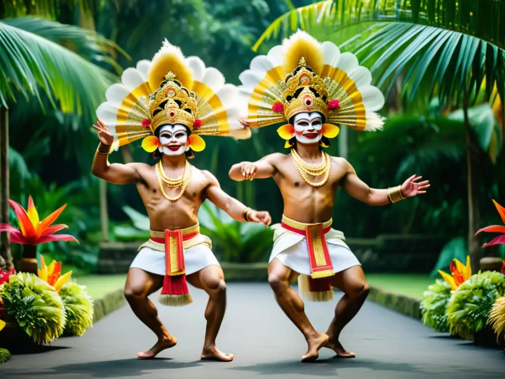 Danza del Barong balinés: dos bailarines con trajes elaborados luchan en un escenario tropical, capturando la energía y significado cultural