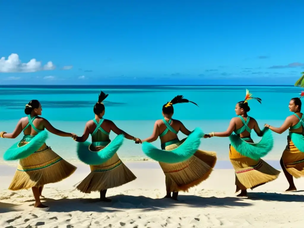 Danza del bambú en Tonga: tradición cultural y destreza en la playa, con el océano turquesa de fondo y trajes vibrantes