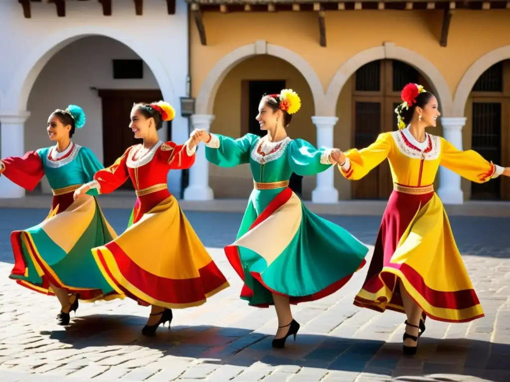 Danza de los Bastones España: Grupo de bailarines en trajes tradicionales ejecutando la danza con gracia y energía en una plaza española soleada