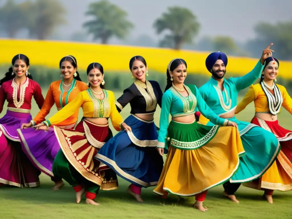 Danza Bhangra: grupo de bailarines en vibrantes campos de Punjab, India, reflejando la alegría y significado cultural