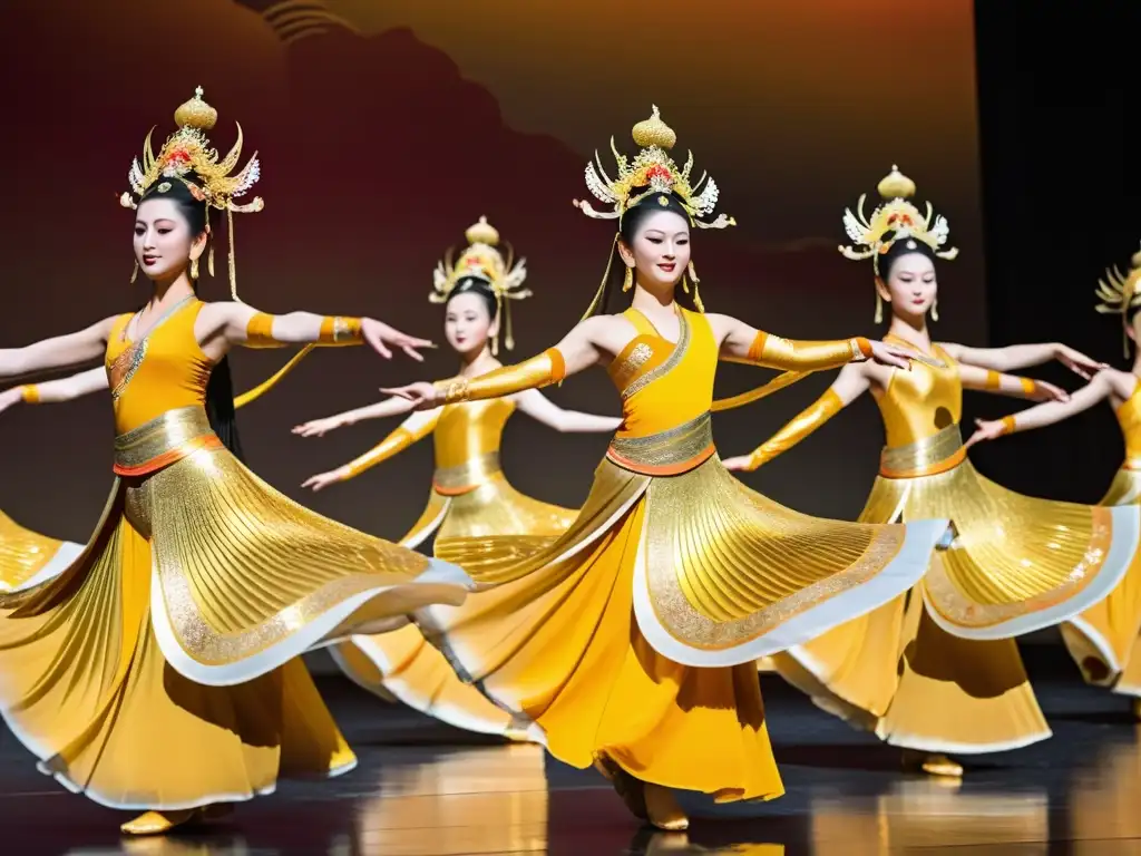 Danza de los 1,000 Brazos Guanyin: Grupo de artistas con trajes vibrantes y movimientos elegantes, creando una atmósfera mística y cautivadora