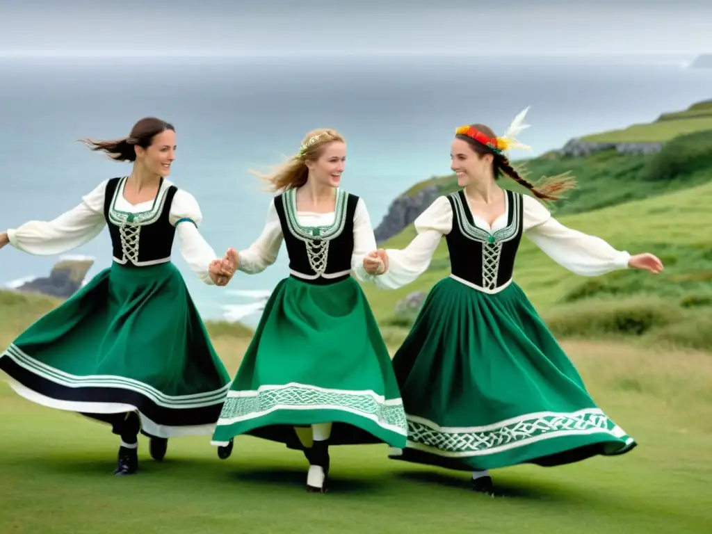 Danza bretona en un campo verde con vista al mar, celebrando la herencia celta con trajes vibrantes y movimientos gráciles