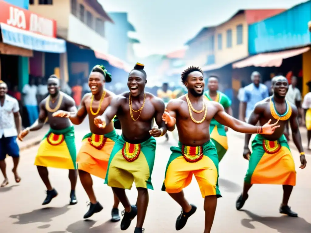 Danza Azonto en las calles de Accra, Ghana: coloridos trajes tradicionales, energía y alegría cultural