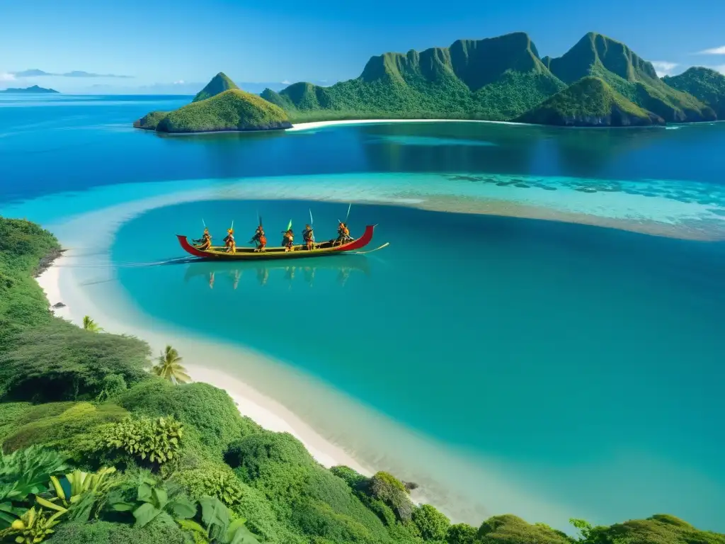 Danza de la canoa en Oceanía: Coloridos bailarines indígenas realizan una danza ceremonial en una isla exuberante del Pacífico, evocando una celebración cultural ancestral