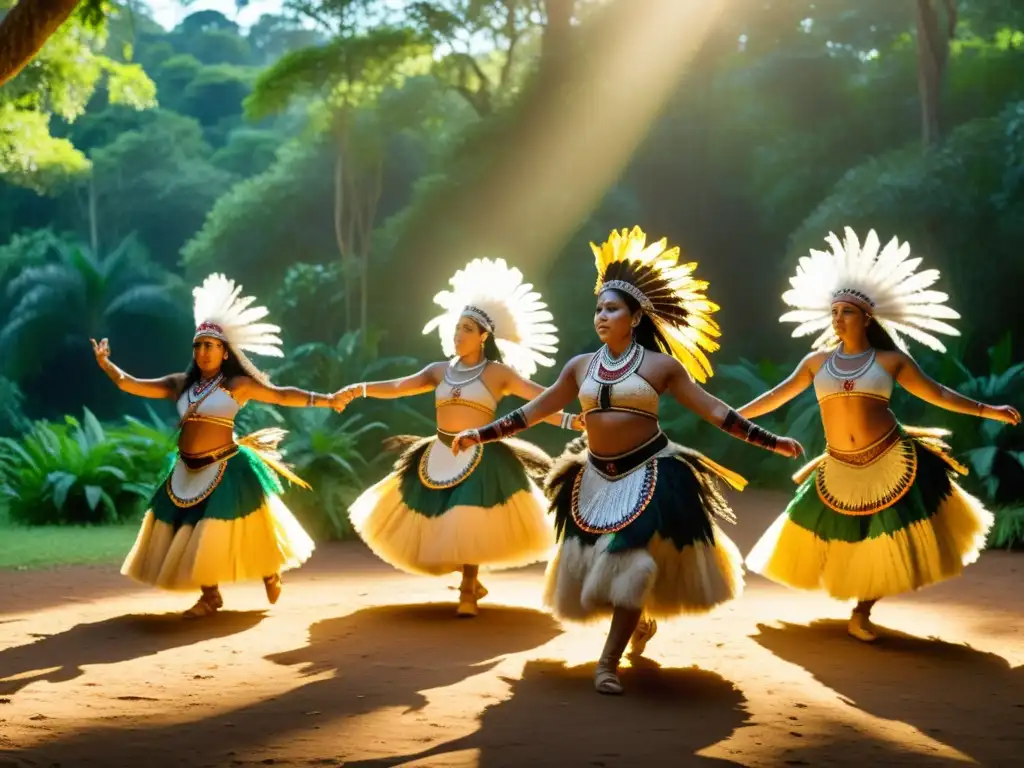 Danza del Cazador Aborigen significado cultural: Grupo indígena ejecuta danza tradicional en el bosque, envuelto en atmósfera etérea y vibrante