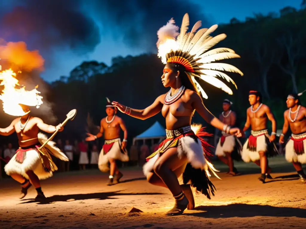 Danza del Cazador Aborigen: Celebración cultural alrededor de la fogata, con trajes tradicionales y plumas vibrantes