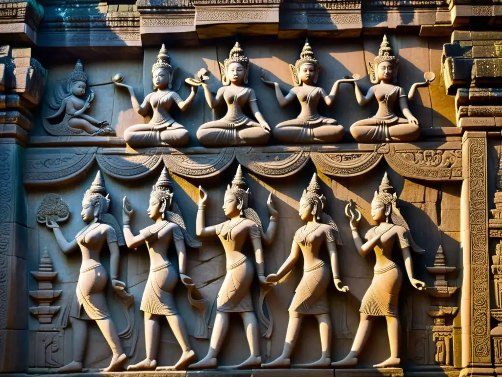 Danza celestial del Apsara Camboyano: Intrincado relieve de bailarinas Apsara en Angkor Wat, iluminadas por el suave sol matutino