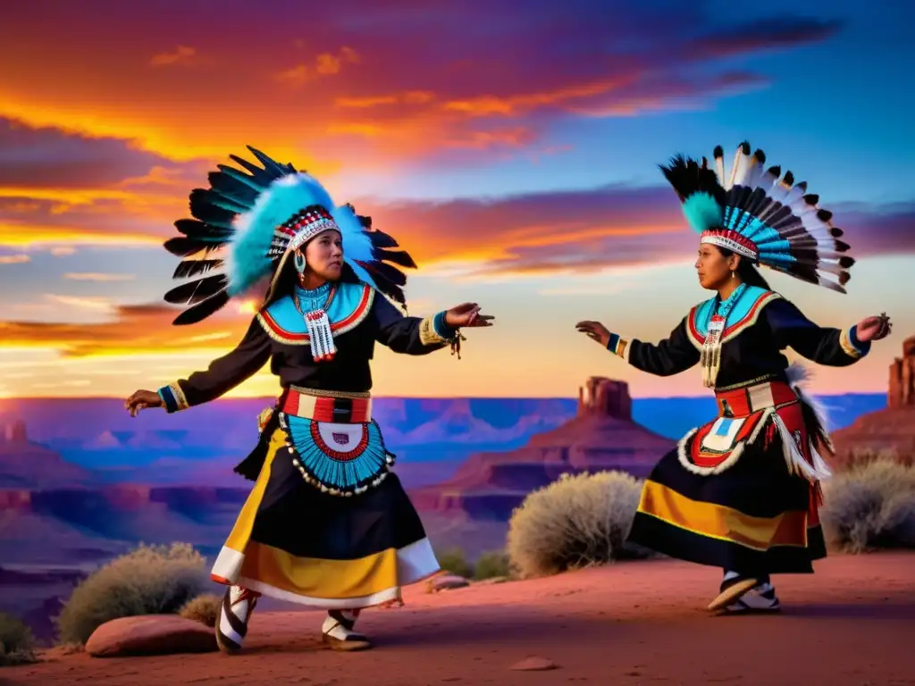 Danza ceremonial Hopi tradiciones nativas: Grupo de bailarines Hopi danzando al atardecer en Arizona, con trajes tradicionales vibrantes