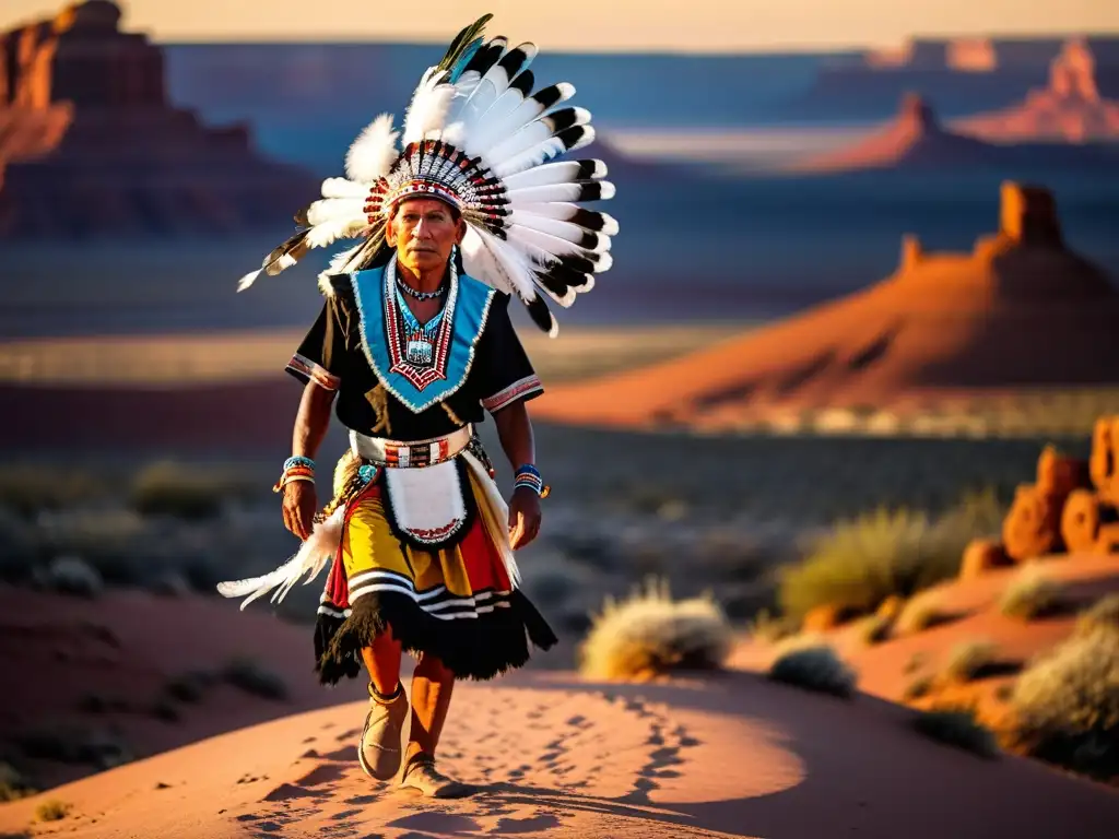 Danza ceremonial Hopi tradiciones nativas: Miembro tribal Hopi danza con traje tradicional entre el desierto de Arizona al atardecer