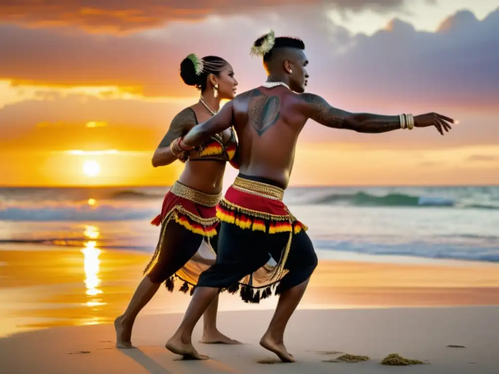 Danza en ceremonias matrimoniales en Oceanía: baile tradicional al atardecer en la playa, con vestimentas coloridas y movimientos gráciles