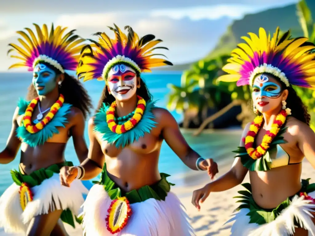 Danza en ceremonias matrimoniales Oceanía: Gracia y color en baile tradicional frente al mar al atardecer