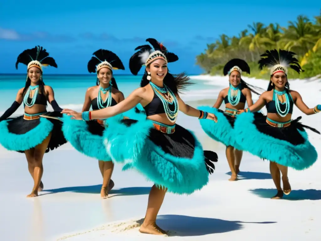 Danza en ceremonias matrimoniales Oceanía: Grupo de bailarines tradicionales ejecutan una danza ceremonial con trajes vibrantes y expresiones de alegría en una playa de arena blanca