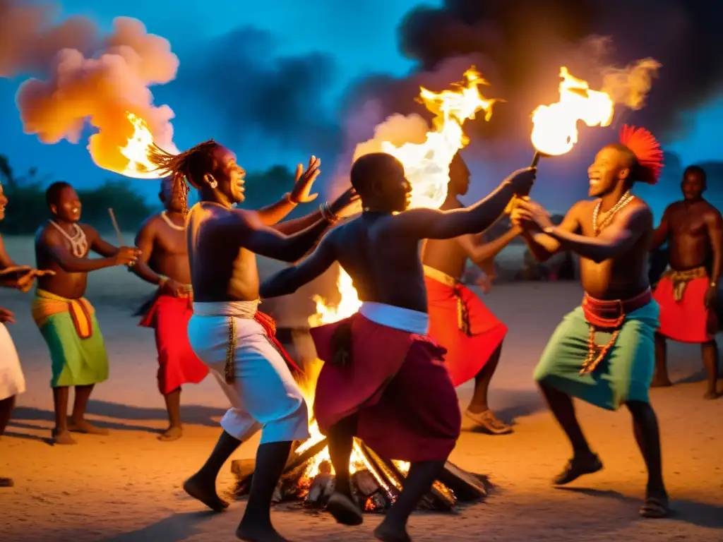 Danza en ceremonias vudú haitianas: Practicantes vudú bailando alrededor de una fogata, envueltos en coloridos trajes tradicionales