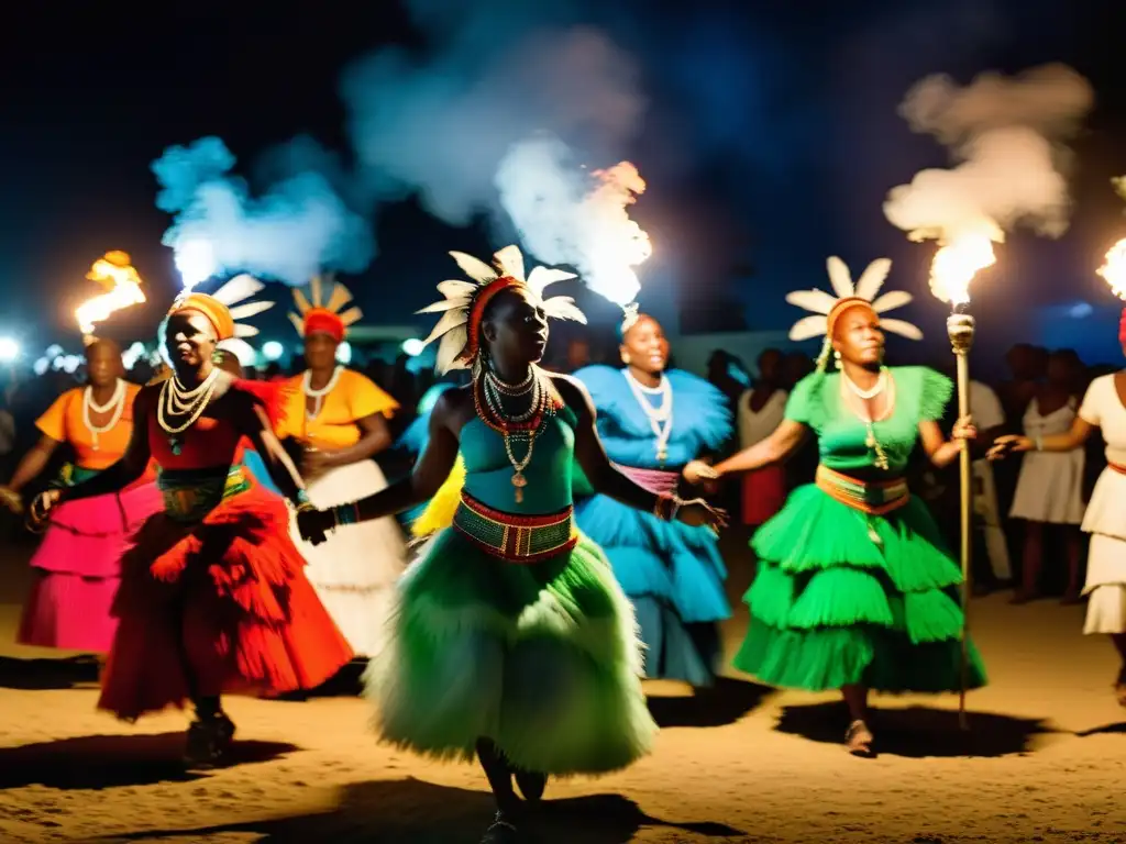 Danza en ceremonias vudú haitianas: Practicantes vudú en vibrantes atuendos danzan con pasión y energía en la ceremonia, iluminados por antorchas