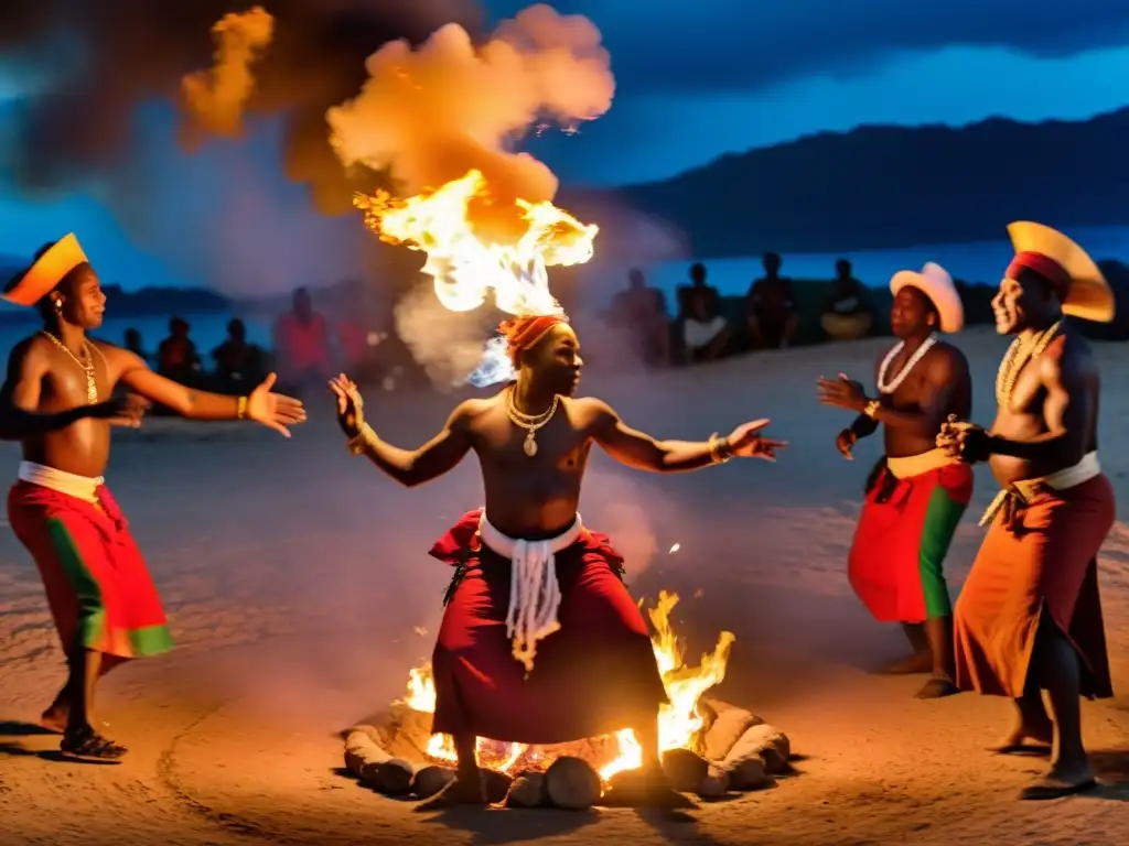 Danza en ceremonias vudú haitianas: Practicantes de vudú haitiano danzan alrededor del fuego sagrado, vistiendo coloridos trajes tradicionales