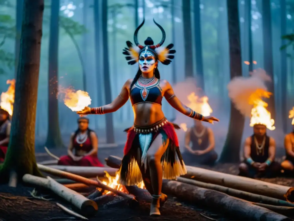 Danza chamánica en el bosque iluminado por fogata