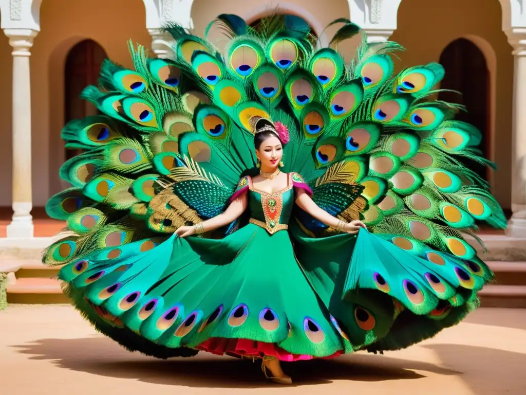 Danza del Pavo Real Dai China: Mujeres Dai danzando con gracia en trajes tradicionales, adornadas con plumas de pavo real en un patio verde exuberante