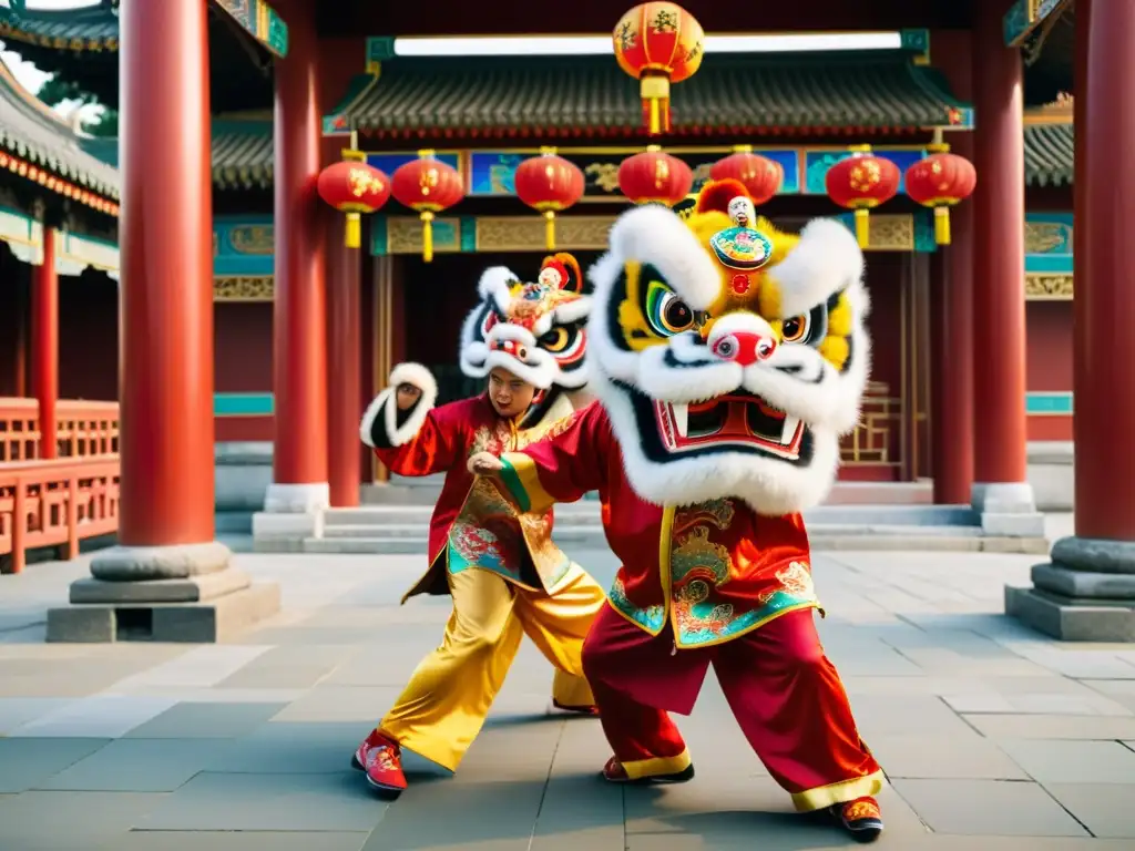 Danza del León Chino online: Estudiantes practican la tradicional danza del león en un templo chino vibrante y ornamental, con trajes detallados y coloridas decoraciones, capturando la energía y significado cultural de esta antigua forma de arte