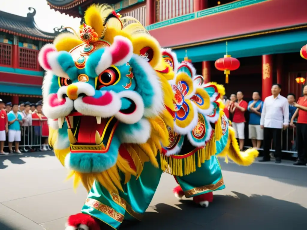 Danza del león chino significado cultural: Colorido traje de león, patrones intrincados y bordados, en medio de una animada calle de Chinatown con espectadores y artistas, evocando la energía y significado cultural de la danza del león chino