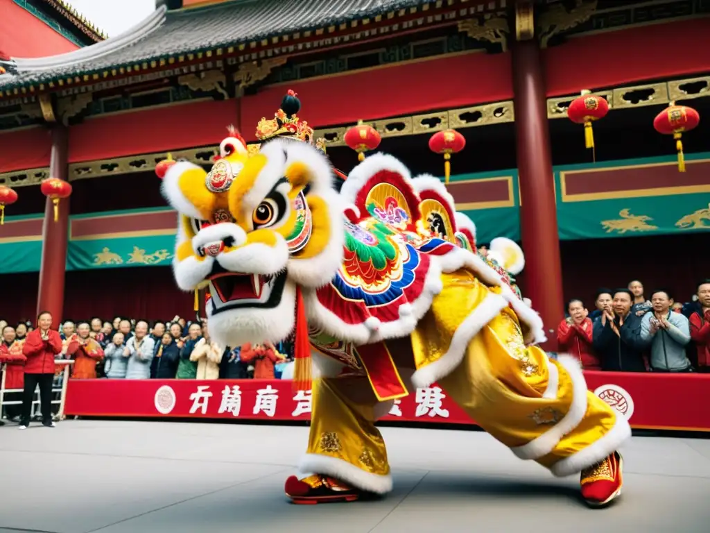 Danza del león chino significado cultural: Grupo de bailarines con coloridos trajes de león realizando una animada danza tradicional