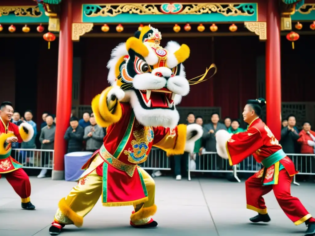 Danza del león chino significado cultural: Vibrante actuación de danza del león chino en un entorno tradicional, con coloridos bailarines saltando y retorciéndose entre decoraciones ornamentadas y una audiencia cautivada