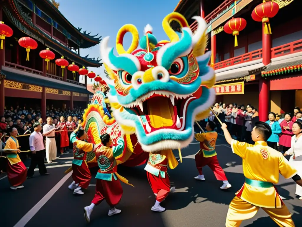 Danza del Dragón Chino significado cultural: Un impresionante traje de dragón chino es llevado por artistas a través de una bulliciosa calle, cautivando a los espectadores con su arte y mitología