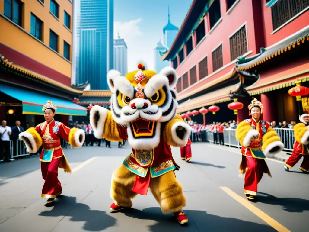 Danza del león chino significado cultural: Vibrante actuación de danza del león con coloridos trajes y movimientos dinámicos en la bulliciosa ciudad