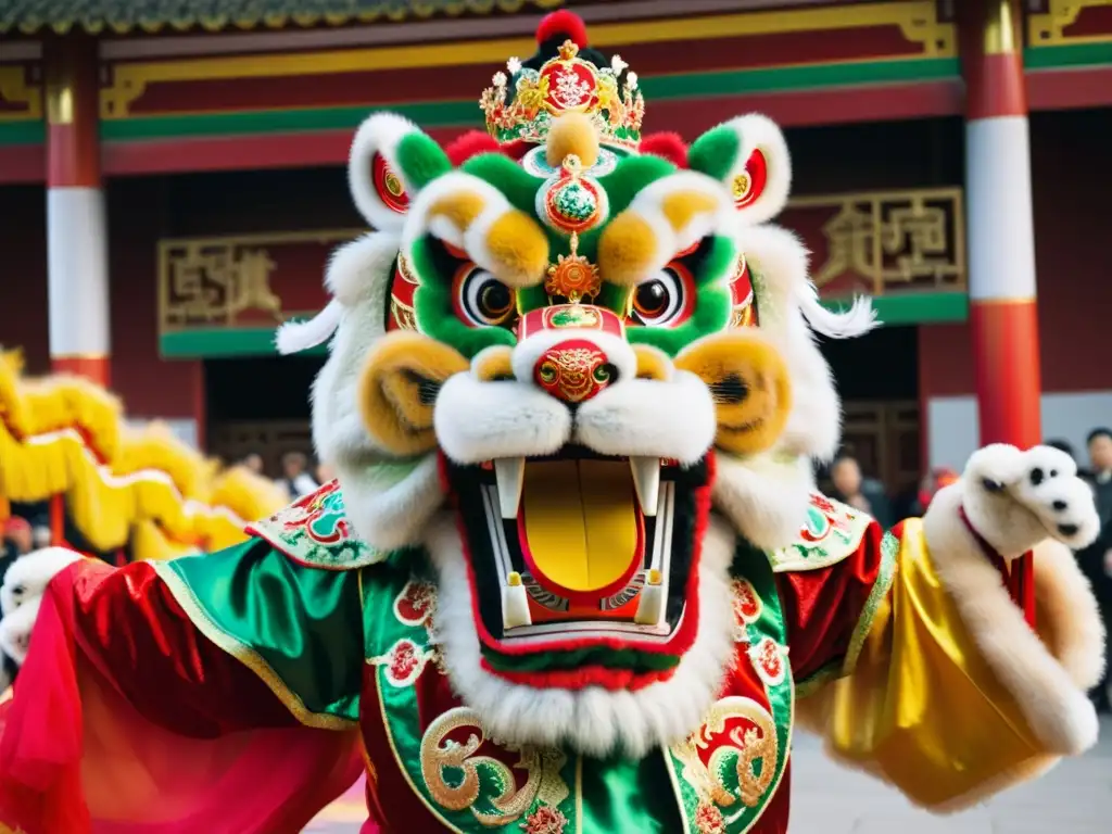 Danza del León chino con trajes vibrantes y detallados, expresiva danza y atmósfera llena de cultura y celebración