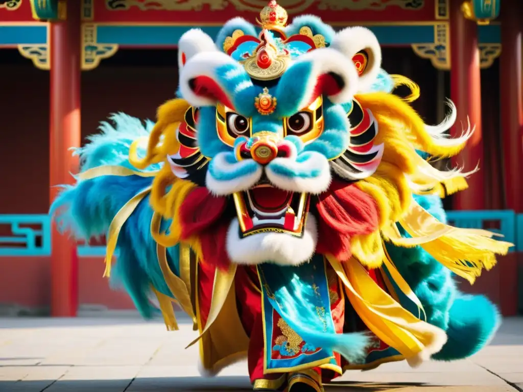 Danza del león chino con trajes vibrantes y danzarines habilidosos, capturando la esencia cultural y festiva