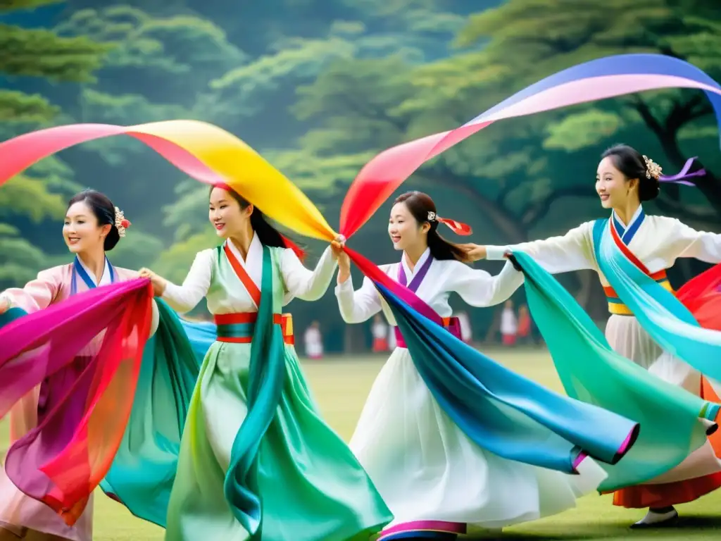 Danza de la Cinta Corea: Vibrante presentación al aire libre de la tradicional danza de la cinta coreana con coloridos hanboks y movimientos gráciles